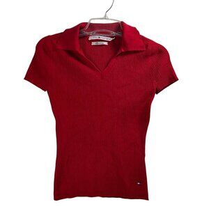 Tommy Hilfiger Womens S Red Ribbed Knit Polo Shirt 76% Silk Boating Preppy Top